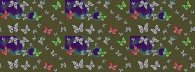 Renk çizimi kalıbı. Mistik, semboller. Yeşil ve gri arka planda el çizimi. Tekrarlanan karalamalar.