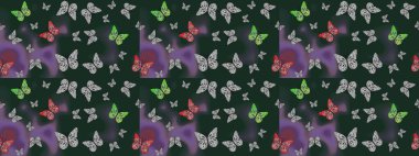 Raster çiçek desenli kelebek deseni. Kağıt, kumaş ve ambalaj için uygun. Mavi ve gri renkli illüstrasyon.