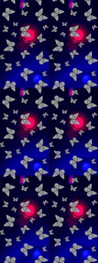 Kelebek deseni. Siyah ve mavi arkaplanda bir resim. Kumaş, tekstil, baskı ve davetiye örnekleri. Robot resim. Raster..