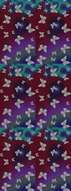 Mor ve kahverengi arkaplanda kelebekler. Kağıt, kumaş ve ambalaj için uygun. Çizim kalıbı. Raster..