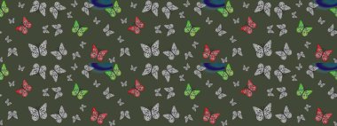 Raster Kelebekleri deseni. Soyut eskiz arka planı. Güzel bir kumaş tasarımı. Yeşil ve gri renkler üzerine resim.
