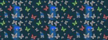 Raster Kelebekleri deseni. Soyut eskiz arka planı. Güzel bir kumaş tasarımı. Mavi ve gri renkler üzerine resim.