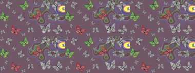 Rastgele kahverengi ve nötr kelebekler sevimli desenler. Kahverengi ve nötr arka planda kelebek. Davetiye, kart ve parmak izi için basit kadınsı bir model. Robot resim. Raster illüstrasyonu.