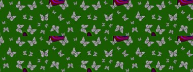 Farklı renkte kelebeklerin çizimi. Fantezi renkli resimler koleksiyonu. Giysi tarzı için yeşil ve gri arka planda dekorasyon. Tasarım için Raster Kelebekleri. Raster illüstrasyonu.