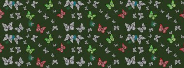 Renkli kelebeklerin eskiz geçmişi. Ambalajlar, duvar kağıtları, kumaş tasarımı ve kağıt için güzel bir arka plan. Yeşil ve gri üzerinde sevimli kelebekler. Raster illüstrasyonu.