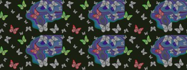 Raster çiçek desenli kelebek deseni. Kağıt, kumaş ve ambalaj için uygun. Gri ve mavi renkli illüstrasyon.