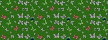 Yeşil ve gri kelebek deseni. Parmak izi dokuları için sevimli kelebek çizimi deseni. Giysi tasarımı için dekor arka planı. Raster illüstrasyonu.