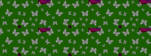 Farklı renkte kelebeklerin çizimi. Fantezi renkli resimler koleksiyonu. Giysi tarzı için yeşil ve gri arka planda dekorasyon. Tasarım için Raster Kelebekleri. Raster illüstrasyonu.