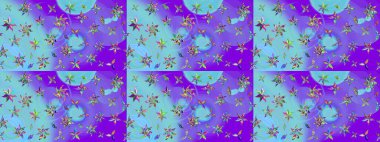 Birçok mor ve mavi soyut çiçekli tropik eskiz deseni. Varyete ve mavi raster çizimi. Küçük çiçekte sevimli çiçek deseni var..