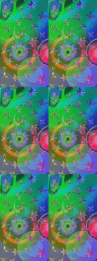 Çiçek desenli çizim. Raster illüstrasyonu. Yeşil ve mavi renkli Asyalı tekstil.