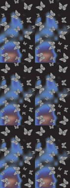 Gri ve mavi renkte soyut sevimli kelebek. Eskiz kalıbı arka planı. Raster illüstrasyonu. Basit bir şekilde.