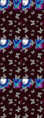 Suluboya soyut parlak desenli kelebek kanatları, retro renkler. Kahverengi ve gri renkli resimler. Kumaş, tekstil, baskı ve davet için arkaplan.