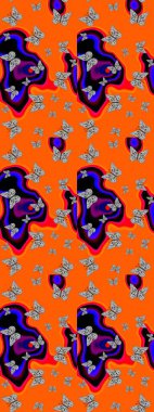 Kızlar, erkekler, elbiseler, duvar kağıtları için soyut çizim kalıbı. Kelebek, kanat, neon renkli yaratıcı raster arka plan. Tekstil ve kumaş için komik kelebek deseni. Moda tarzı.