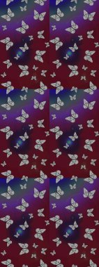 Kahverengi ve mor arka planda kelebek desenli çizim. Kumaş, Tekstil, Baskı ve Davetiye için arka plan. Raster illüstrasyonu.