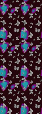 Kelebekli renkli folklor deseni. Paketleme, kağıt ve kumaş için uygun. Kahverengi ve gri arka planda renkli kelebekler.