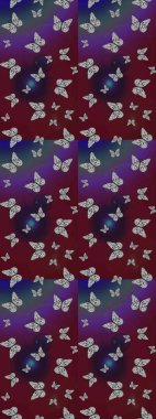 Kahverengi ve mor arka planda kelebek desenli çizim. Kumaş, Tekstil, Baskı ve Davetiye için arka plan. Raster illüstrasyonu.