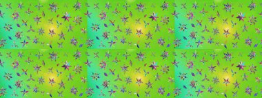 Raster illüstrasyonu. Çiçek buketleriyle klasik bir eskiz şekli. Yeşil ve sarı renklerde.