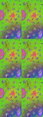 Yeşil ve menekşe rengi üzerine karalamalar çizilmiş çiçek deseni. Raster illüstrasyonu.