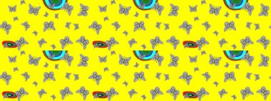 Renkli sevimli kelebek. Geçmişi. Sarı ve gri renkli resimler. Yüzey dokuları, duvar kağıtları, web sayfası geçmişi, tekstil için mükemmel. Raster illüstrasyonu.