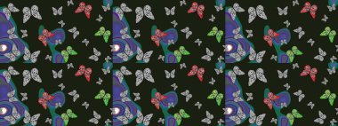 Raster çiçek desenli kelebek deseni. Kağıt, kumaş ve ambalaj için uygun. Gri ve mavi renkli illüstrasyon.