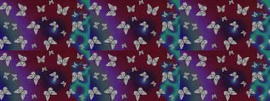 Mor ve kahverengi arkaplanda kelebekler. Kağıt, kumaş ve ambalaj için uygun. Çizim kalıbı. Raster..