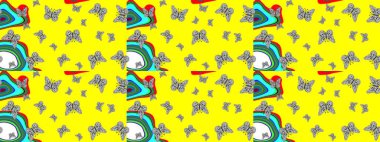 Kelebekli soyut çiçek arkaplanı çiz. Moda Kumaşı Tasarımı. Çizim, karalama, karalama. Sonsuz. Raster..