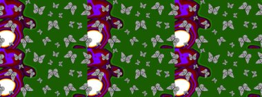 Egzotik Kelebekli Tropik çizim modeli. Moda Kumaşı Tasarımı. Yeşil ve gri renkli bir resim. Raster..