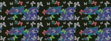 Suluboya soyut parlak desenli kelebek kanatları, retro renkler. Gri ve mavi renkli resimler. Kumaş, tekstil, baskı ve davet için arkaplan.