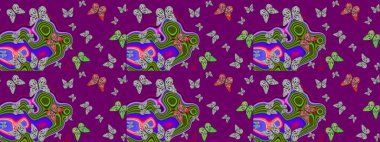 Mor ve gri renkte soyut sevimli kelebek. Eskiz kalıbı arka planı. Raster illüstrasyonu. Basit bir şekilde.