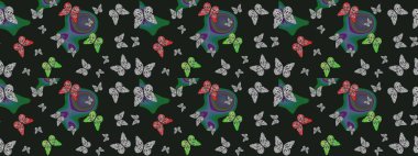 Kelebekler gri ve yeşil arka planda. Kelebekli tasarım. Robot resim. Çizim, karalama, karalama. Sonsuz. Raster illüstrasyonu.