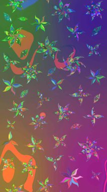 Raster düz çiçek çizim deseni. Hediye ambalaj kağıdı, tebrik kartları, posterler ve pankart tasarımı. Mor ve yeşil renkte çiçekler.