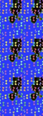 Mavi ve siyah arka planda renkli kelebek koleksiyonu. Kağıt, kumaş ve ambalaj için uygun. Kart, baskı ve davetiye için basit kadınsı bir model. Robot resim. Raster illüstrasyonu.