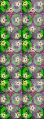 Yüzey için tekrarlanan doku, ambalaj kağıdı, yeşil, nötr ve mor renkte kar tanesi. Kış kar taneleri, raster arka plan.