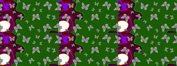 Egzotik Kelebekli Tropik çizim modeli. Moda Kumaşı Tasarımı. Yeşil ve gri renkli bir resim. Raster..