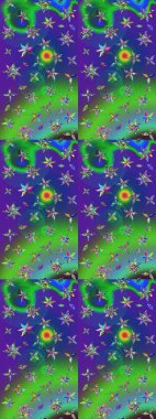 Moda baskıları için zarif bir şablon. Modern çiçek arkaplanı. Halk tarzı. Parlak renkli çiçekleri ve yeşil ve mavi renkte yaprakları olan muhteşem bir çiçek deseni..