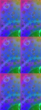 Düz Çiçek Elementleri Tasarımı. Renkli Yaz Temalı eskiz kalıbı. Raster illüstrasyonundaki çiçek desenli çizim. Mavi ve mor renkte çiçekler.