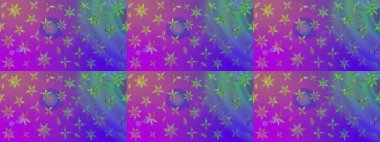 Suluboya elle çizilmiş çiçek desenli eskiz deseni. Parlak renkli fantezi çiçekleri, yapraklar, menekşe renkli tomurcuklar.