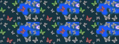 Kelebek deseni. Soyut arkaplan. Mavi ve gri renklerin çizimi. Moda Kumaşı Tasarımı. Raster..