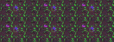 Kahverengi, mor ve yeşil zarif küçük çiçekler ve kahverengi, mor ve yeşil renkli komik böcekler, raster desen, illüstrasyon.