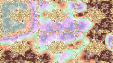 İslam tasarımı. Raster altın tekstil baskısı. Altın elementlerle nötr renklerde altın desen. Çiçek kiremitleri. Çizim desenli oryantal süs.