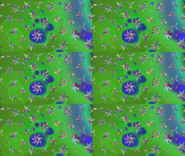 Çok yeşil zarif küçük çiçekler ve yeşil renkli komik böcekler, raster desen, illüstrasyon.