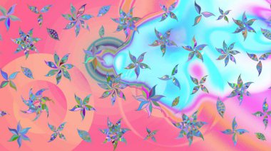 Raster illüstrasyonu. Pembe ve mavi renkte çiçekler. Çizim çiçek deseni duvar kağıdı için kullanılabilir.