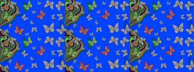 Doğa kelebeğinin yüksek kalitesi. Su rengi filtreleme efektiyle mavi ve gri üzerine resimler. Raster illüstrasyonu. Klasik tarzda..