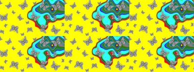 El çizimi, suluboya desenli kelebeklerin çizimi. Sarı ve gri renkli bir resim. Raster illüstrasyonu. Klasik tarzda..