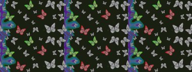 Renkli romantik kelebekler eskizler çiziyor. Dekoratif Raster çizimi. Elle çizilmiş kelebeklerle. Gri ve mavi renkler üzerine soyut arkaplan.