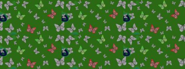 Farklı renkte kelebeklerin çizimi. Fantezi renkli resimler koleksiyonu. Giysi tarzı için yeşil ve gri arka planda dekorasyon. Tasarım için Raster Kelebekleri. Raster illüstrasyonu.