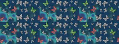 Kelebek deseni. Mavi ve gri arka planda bir resim. Kumaş, tekstil, baskı ve davetiye örnekleri. Robot resim. Raster..