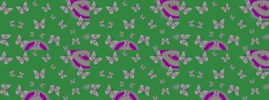 Yeşil ve gri üzerine güzel bir kelebek kumaşı çizimi. Bahar Kelebeği teması. Giysi kumaşı için böcek dokusu parçası tekrarlanıyor. Çizim, karalama, karalama. Sonsuz. Raster illüstrasyonu.