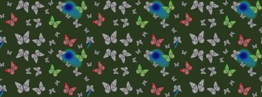 Çocuk kelebek çizim kalıbı. Kağıt, kumaş, ambalaj kağıdı ve duvar kâğıdı tasarımı için hoş bir arkaplan. Yeşil ve gri renkli sanat kelebekleri. Raster..