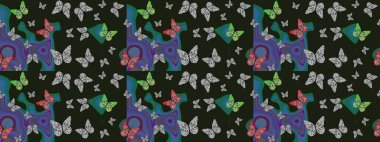 Çocuk kelebek çizim kalıbı. Çocuk için Raster Moda Kelebekleri duvar kağıdı. Gri ve mavi arka planda güzel renkli kelebekler..